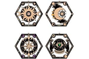 CHDITB 4Pcs Wooden Witchy Sun Moon Star Tarot Wall Art, Mystical Wizards Celestial Laser Cut Hollow Artwork Hanging Sign, Moo