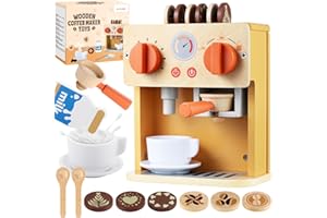 GAGAKU Wooden Coffee Machine Toy for Kids, Pretend Play Espresso Maker Set with Accessories for Play Kitchen, Learning Wooden Toys for Hand-Eye Coordination & Social Skills
