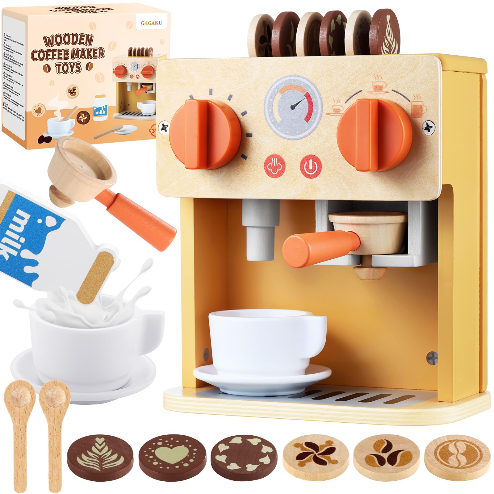 GAGAKU Wooden Coffee Machine Toy for Kids, Pretend Play Espresso Maker Set with Accessories for Play Kitchen, Learning Wooden Toys for Hand-Eye Coordination & Social Skills