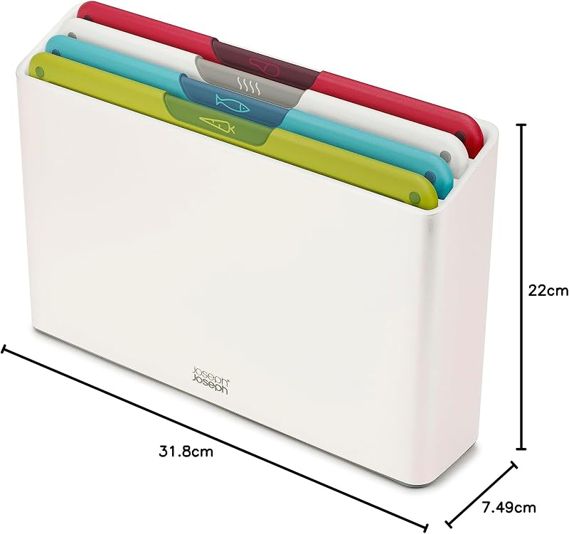 Tábuas de corte antiderrapantes com ícone folio, codificadas por cores, 4 peças, com caixa de arrumação, média, branca