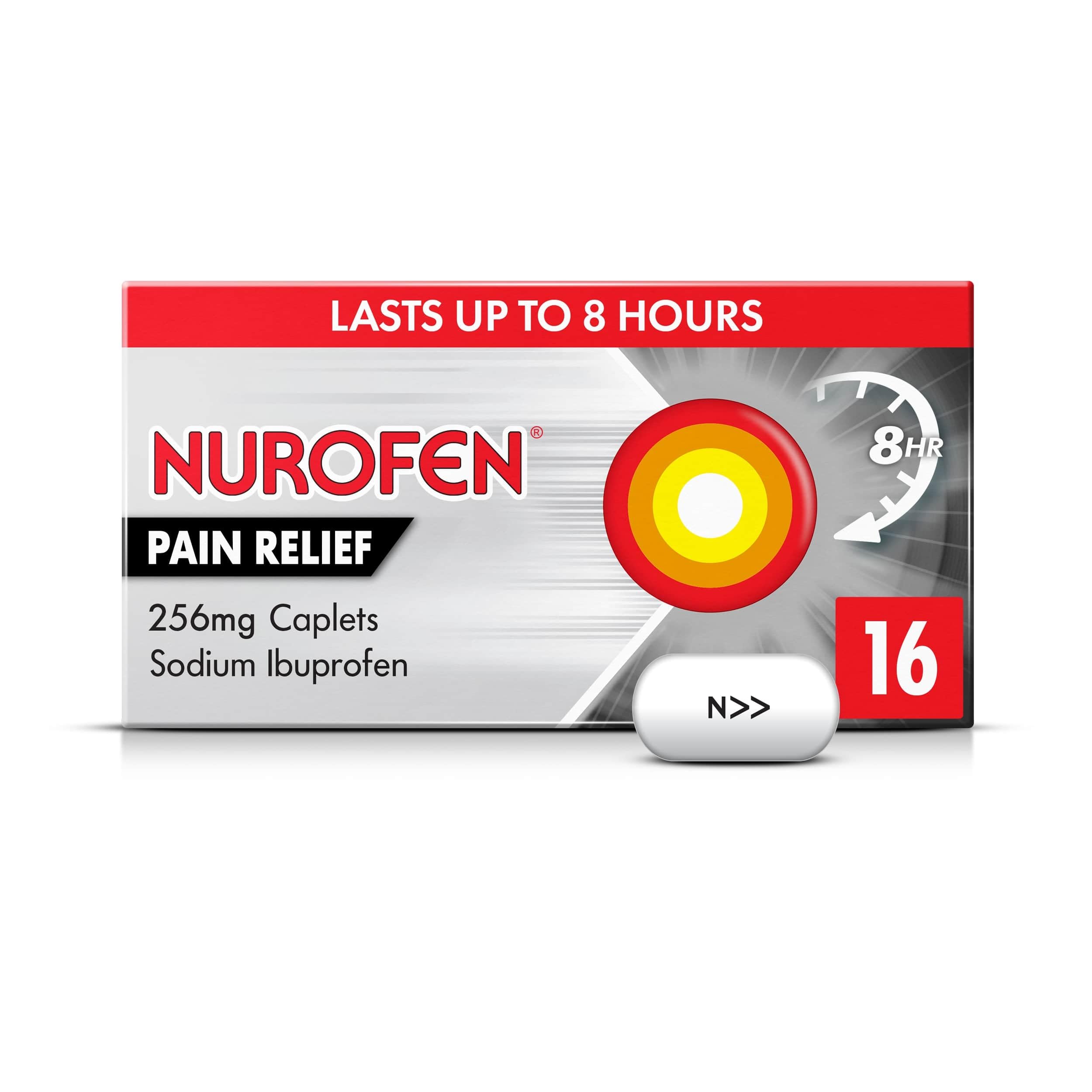 Nurofen Ibuprofen Caplets 256mg, 16 Pack - Joint, Back, Knee Pain Relief, Long-Lasting Painkillers for Cold & Flu, Over-The-Counter Medication