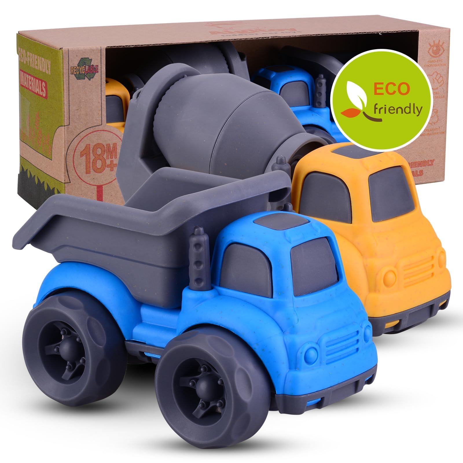 Cicili Toddler Car Toys for 3 Year old, BPA Free, Phthalates Free, PVC, Dump Truck, Mixer Cement, Easter Basket Christmas Birthday Gifts for 1-3 Year Boy Girl. Dishwasher Safe, Recycled Plastic.Blue