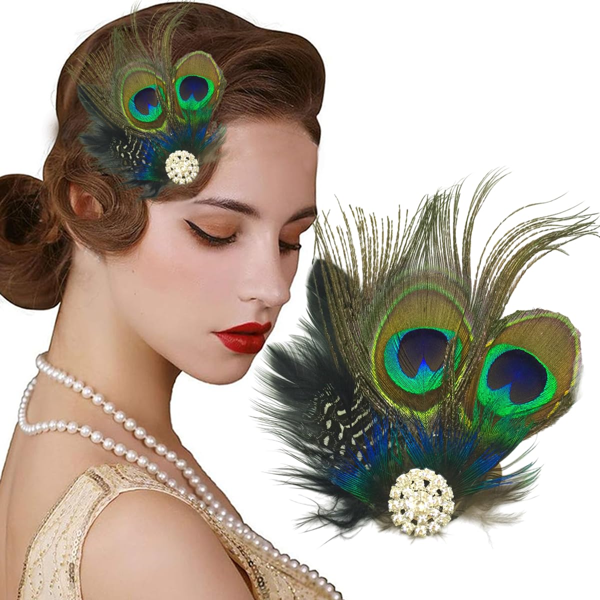 Photo 1 of 1 Pcs Art Decoration Vintage Peacock Feather Fascinator Hair Clip Rhinestone Bridal Wedding Party Accessories Women Faux Feather Headpiece Decorative