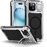Lanhiem for iPhone 15 Metal Case, [Built-in Camera Kickstand & Glass Screen Protector] Heavy Duty Protective Rugged Full Body Military Grade Shockproof Aluminum Magnetic Cover for iPhone 15 (Silver)