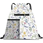 AYBELWG Drawstring Backpack Sports Gym Bag, Large String Swim Bag for Beach With Water Bottle Mesh Pocket, Cute Gym Sack with Zipper Pocket for Men Women Cute Dragonfly Meadow