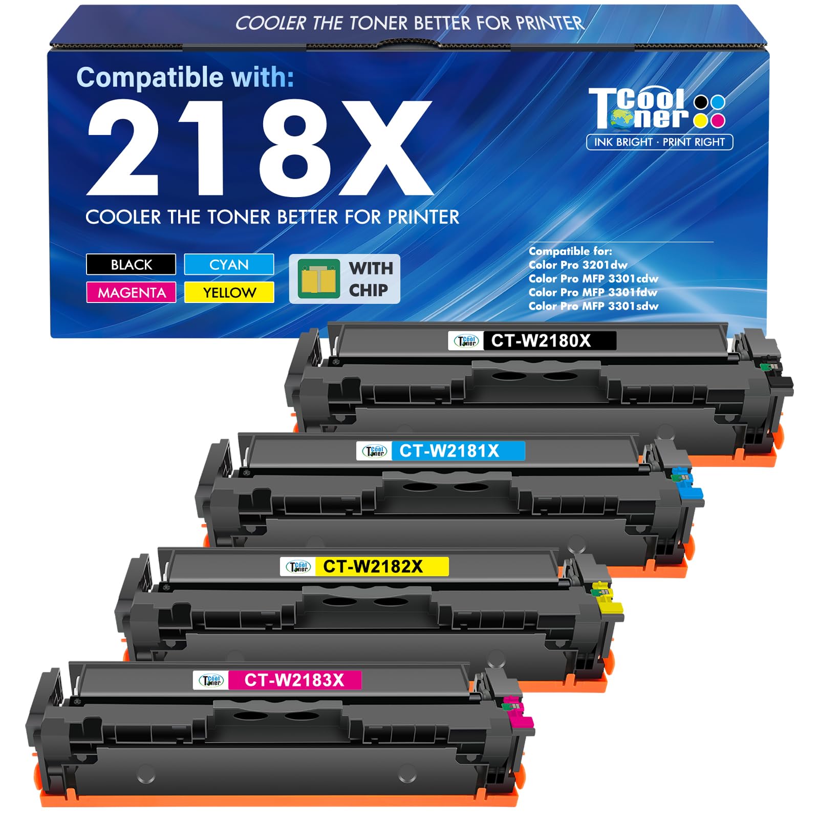 Photo 1 of 218X Toner Cartridges 4 Pack 3301fdw 3201dw 3301 218A Compatible for HP 218X 218A 218 Color LaserJet Pro MFP 3301cdw 3301sdw Printer Ink Set W2180X High Yield with Chip (Black Cyan Yellow Magenta)