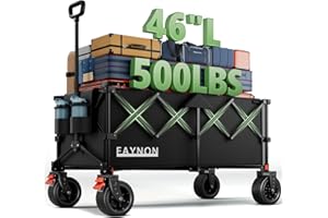 EAYNON 46" L Collapsible Foldable Extended Wagon, 500LB Weight Capacity with 280L Heavy Duty Folding Cart,Utility Wagon with All-Terrain Beach Wheel & Drink Holders,Black