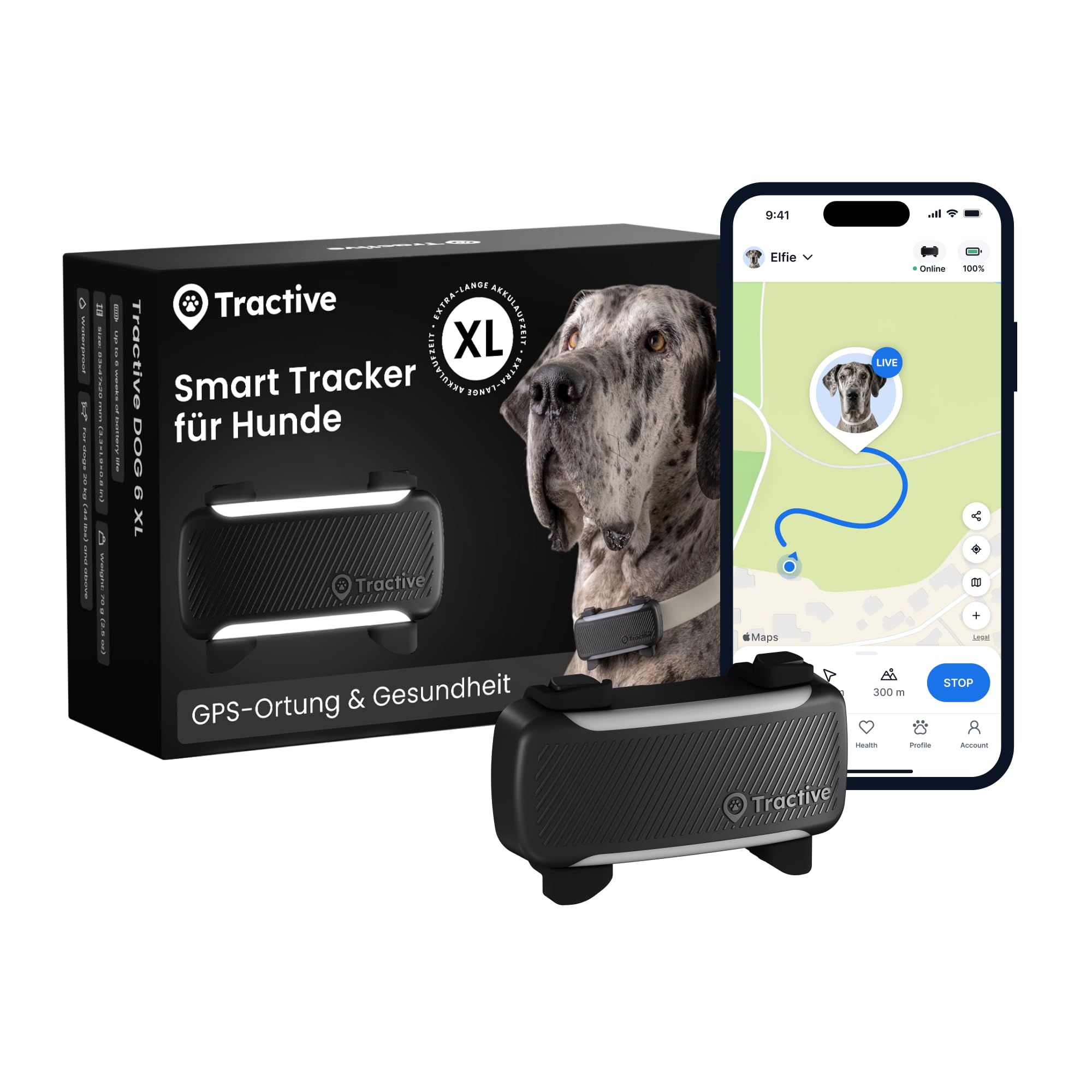Tractive XL Smarter Hunde GPS Tracker | Modell 2026 | Live-GPS-Ortung | Weglaufalarm & Gesundheitswarnungen | Überwachung der Vitalwerte | Lange Akkulaufzeit | Empfohlen von Martin Rütter (Schwarz)