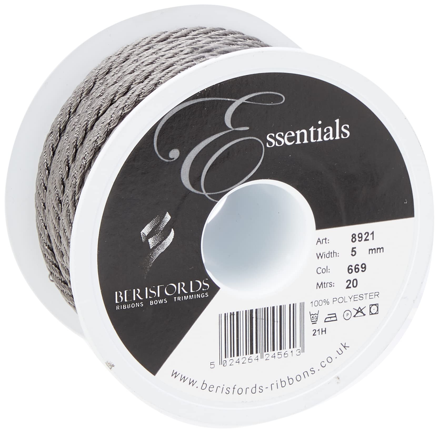 Berisfords Barley Twist Rope, Smoked Grey, 5 mm Width, 20 metre Length 5024264245613