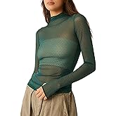 KMBANGI Women's Mesh Lace Long Sleeve Top Mock Neck Sheer Blouse Floral Lace Layering Tops Y2k See Through Tee Shirt