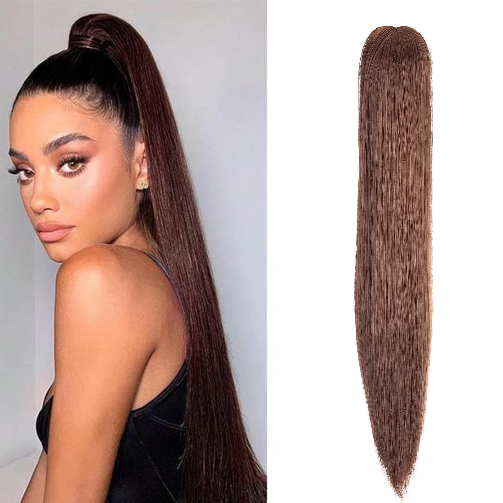 Cybelleza 20inch Ponytail Hair Extensions Straight Ponytail Claw Jaw on Long Straight Pony Tails Clip in Hair Extensions Synthetic Hair pieces for Women, Dark Auburn — image 1