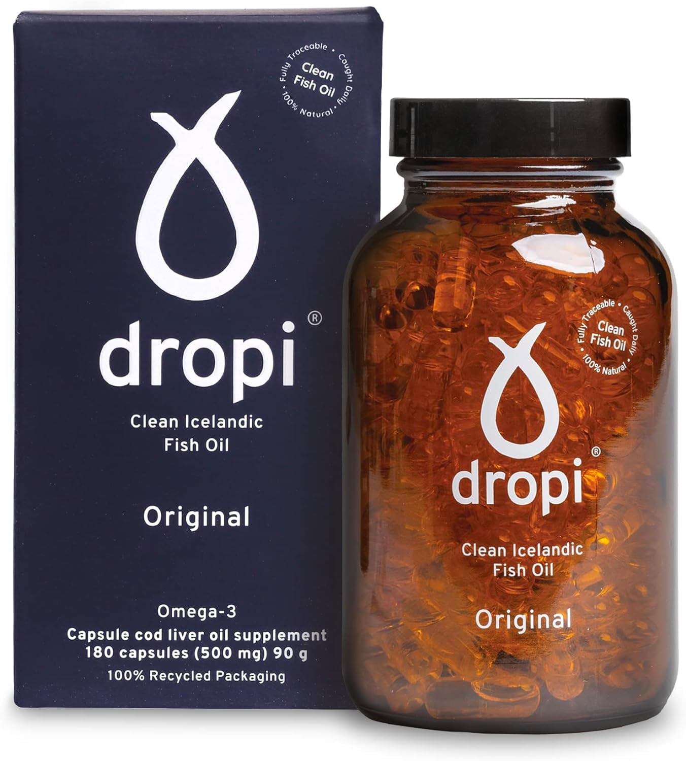 Dropi Icelandic Fish Oil - Extra Virgin Cod Liver Oil (EVCLO) - Natural Source of Vitamin A & D3 - Cold-Processed, Traceable & Pure from the Westfjords Pristine Atlantic Fishing Grounds (180 x 500mg)