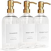 Stylish Shampoo and Conditioner Dispenser Set of 3 - Modern 21oz Shower Soap Bottles with Pump and Labels - Easy to Refill Body Wash Dispensers for an Instant Bathroom Decor Upgrade Clear