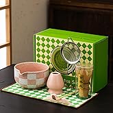 Premium 7-Piece Matcha Tea Set – Traditional Japanese Style with Elegant Grid Pattern, Includes Bamboo Whisk, Ceramic Bowl, Scoop & More – Perfect for Matcha Lovers & Tea Ceremony (Pink grid)