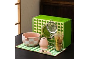 7pcs Traditional Matcha Tea Ceremony Set, Purple Ceramic Bowl with Bamboo Whisk, Holder and Strainer (Pink grid)