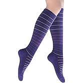 SocksLane Cotton Compression Socks, 15–20 mmHg Graduated Support, Knee-High Medical Compression (Amethyst Stripes M/L) (Amethyst Stripes S/M)