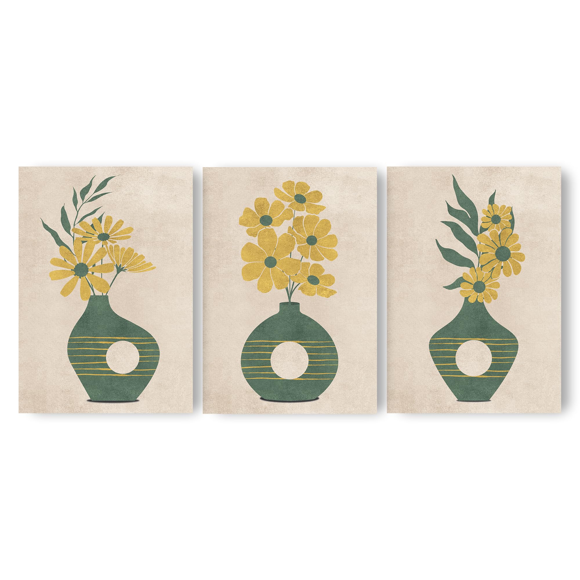 Adam and Alice Premium Unframed Textured Boho Wall Art Print – Minimalist Mid-Century Modern Design – Flower Vase Art – For Living Room/Bedroom/Hallway/Office – Neutral/Green A4 Set of 3