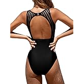CUPSHE Women's One Piece Swimsuit Bathing Suit Tummy Control High Neck Cutout Back Hook Mesh Swimwear