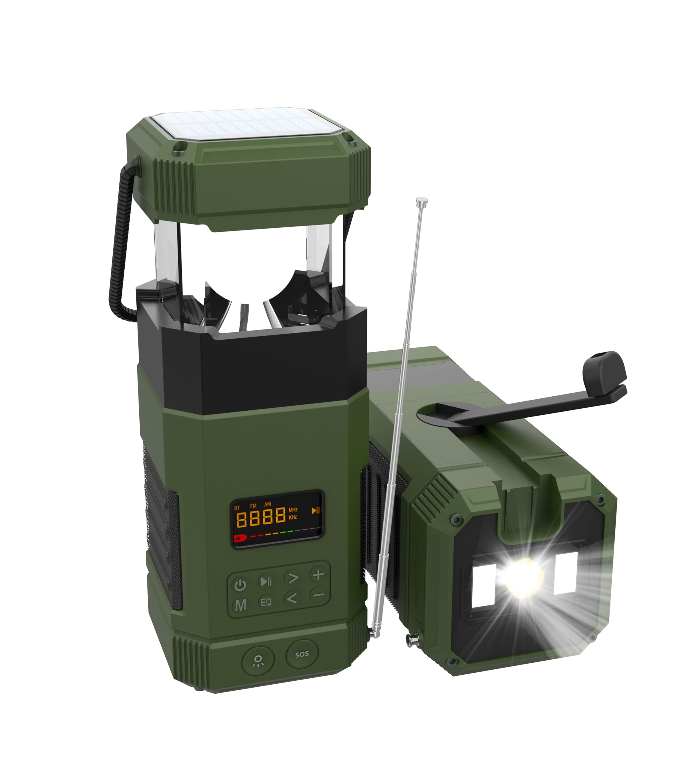 Wiederaufladbare LED Campinglampe, 3 Lichtmodi, IP65 wasserdichter Bluetooth Lautsprecher, 5000mah AM UKW Kurbelradio mit Handyladefunktion Solar, Taschenlampe, Stroboskoplicht, SOS Alarm
