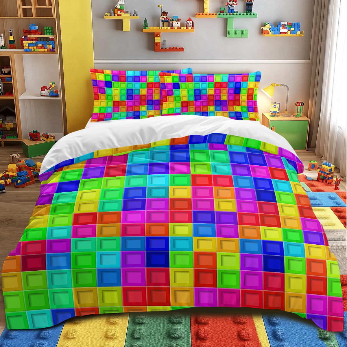 BlessLiving Colorful Toy Bedding Set Single Size Building Block Comforter Cover for Kids Boys 3 Piece Brick Duvet Cover Single Set for Teens Green Blue and Red Bedspreads