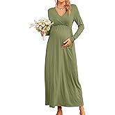 bidika 2025 Fall Maternity Maxi Dresses Flowy Long Sleeve Wrap V Neck Elegant Baby Shower Pregnancy Dress Maternity Shoot Outfits Olive Green S