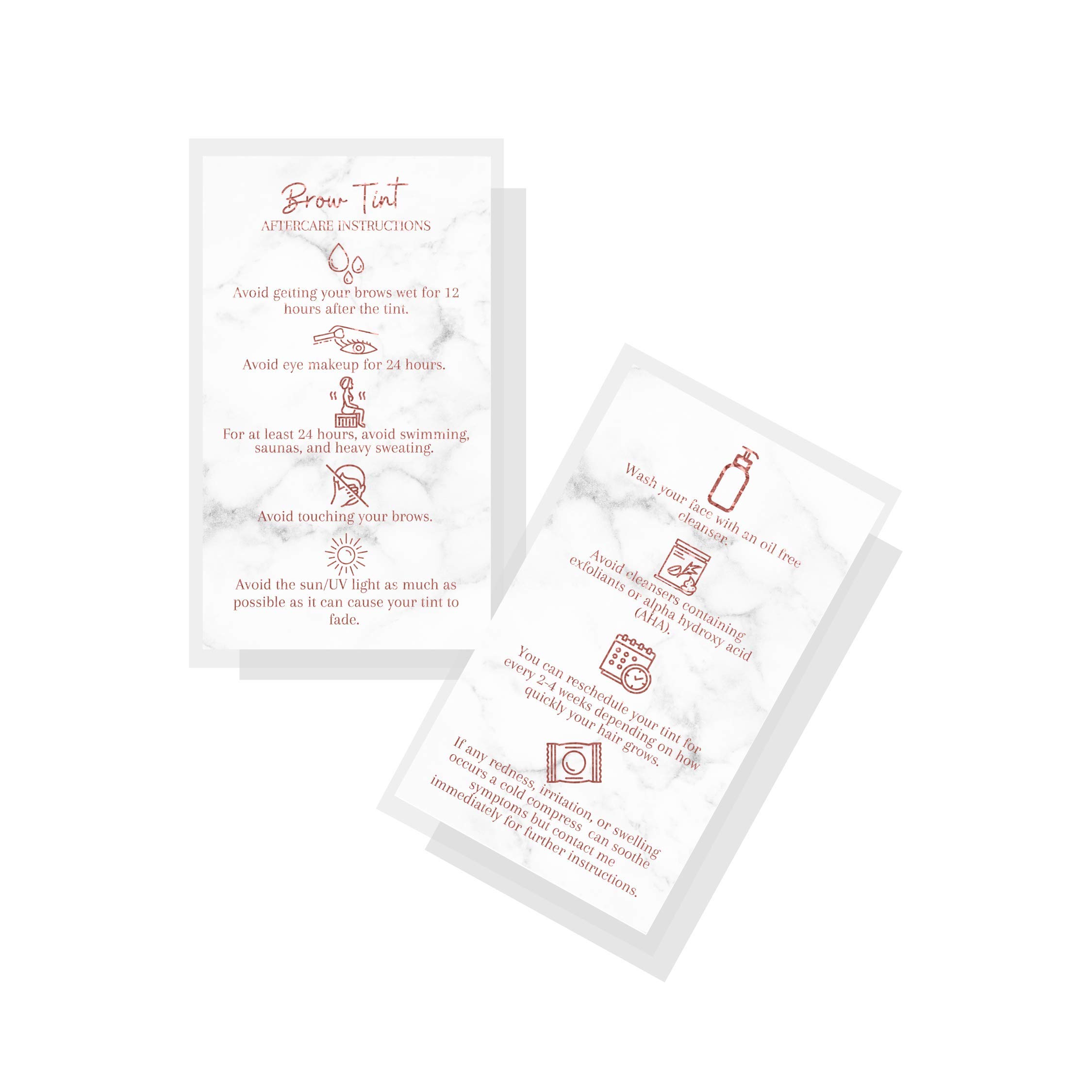 Brow Tint Aftercare Instruction Cards | 50 Pack | Physical Printed 2 x 3.5” inches Business Card Size | Starter Lift Kit with Tint at home diy aftercare supplies | Marble with Rose Gold Icon Design