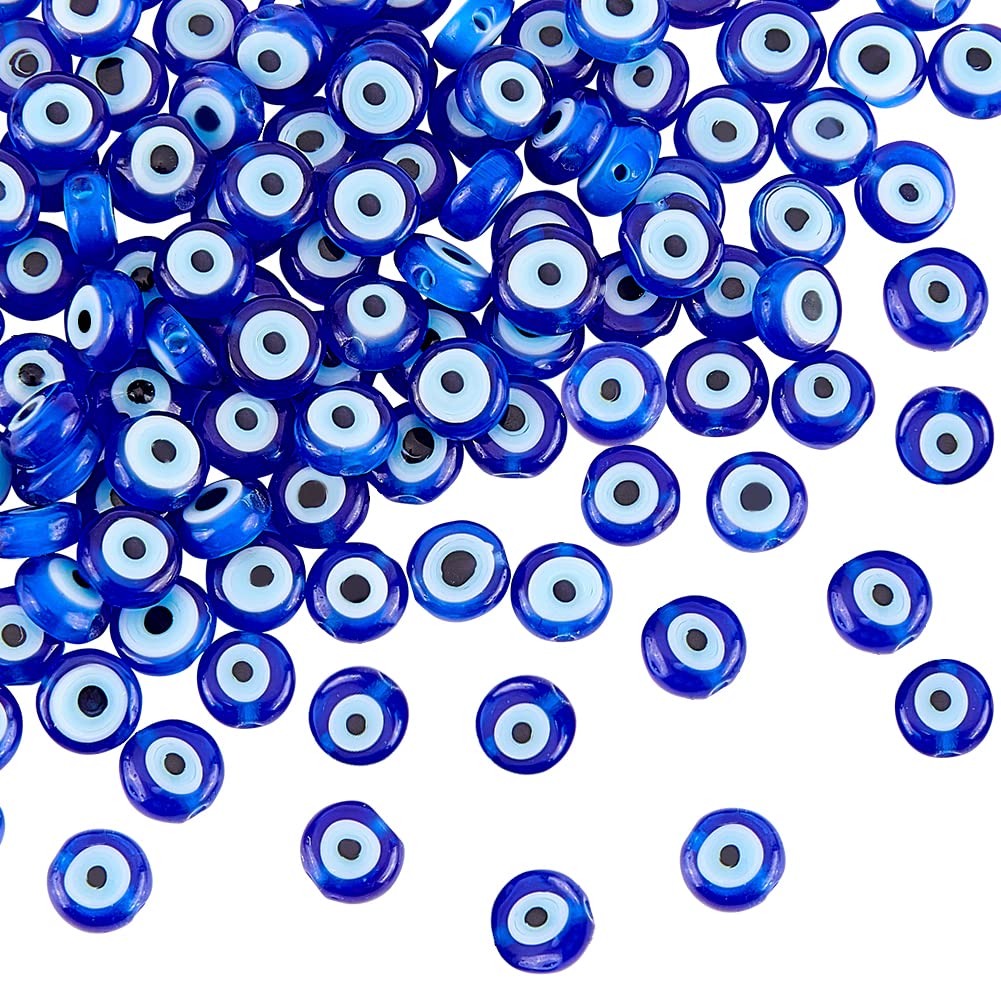 NBEADS 130 Pcs Blue Handmade Lampwork Evil Eye Flat Round Charm - 6mm Turkish Spacer Beads for Jewelry, Necklace, Bracelet, Earrings