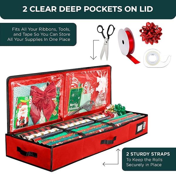 HOLDN’ STORAGE PREMIUM WRAPPING PAPER STORAGE CONTAINER – DURABLE 600D TEAR-PROOF, FITS 27 ROLLS GIFT WRAP, EXTRA POCKETS FOR RIBBONS & BOWS, UNDERBED STORAGE – IDEAL FOR HOLIDAY CHRISTMAS, RED