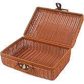 Wicker Picnic Basket with Handle, Vintage Rattan Suitcase Basket, Rustic Storage Box with Leather Strap Lock, Makeup Organizer, Prop Case for Camping Travel, 13.8 x 9.8 x 5.1 Inches (Brown)