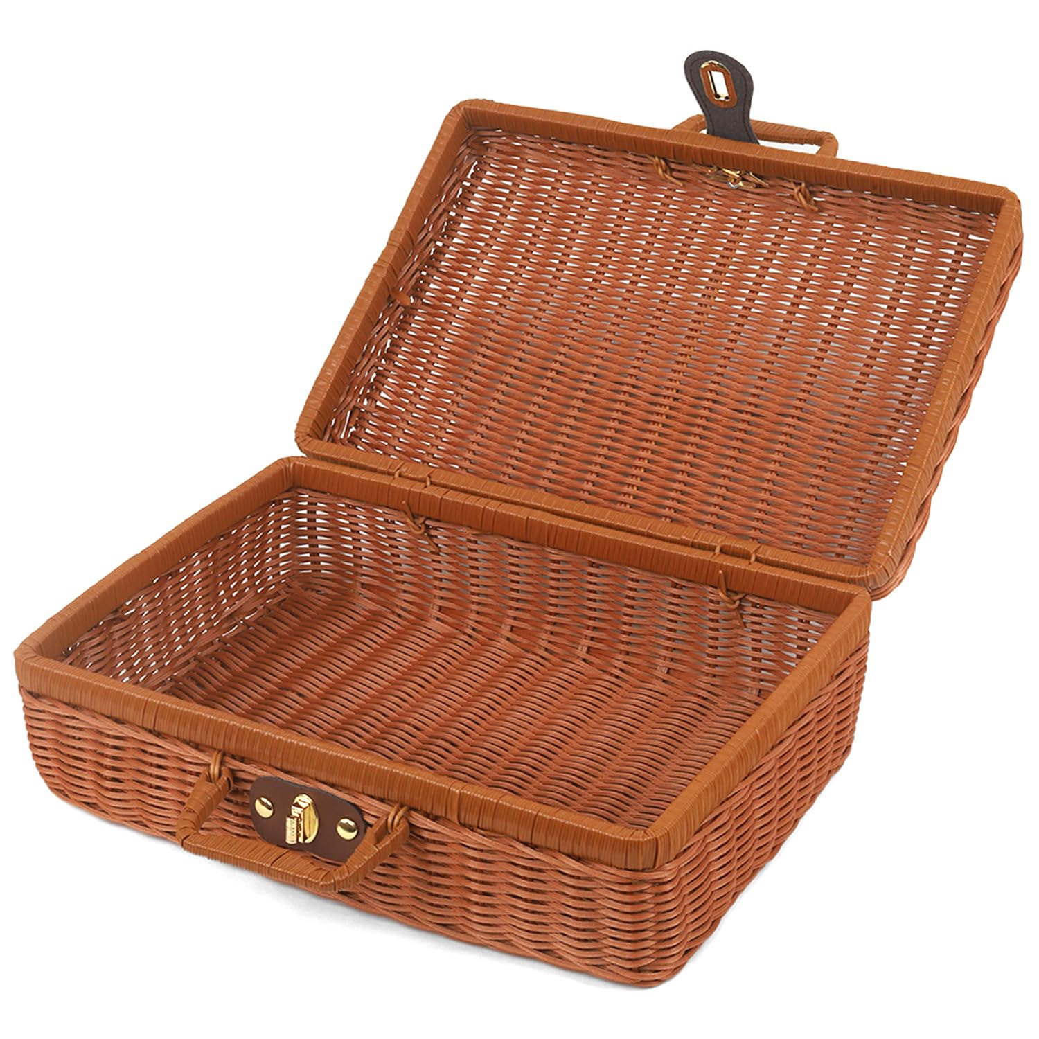 Photo 1 of Wicker Picnic Basket with Handle, Vintage Rattan Suitcase Basket, Rustic Storage Box with Leather Strap Lock, Makeup Organizer, Prop Case for Camping Travel, 13.8 x 9.8 x 5.1 Inches (Brown)