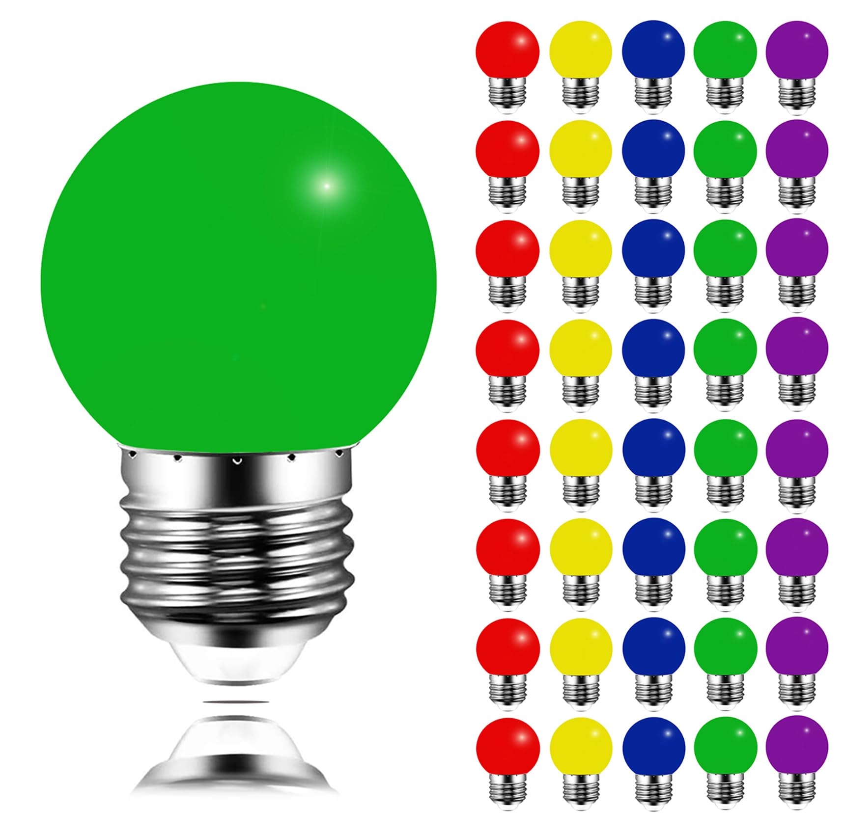 40 Pack Coloured LED Bulbs Golf Ball E27 3W, Not dimmable, Garden Light Bulb, Multicoloured Bulbs for Outdoor Indoor String Wedding Party Bar Mood Ambiance Decor (Red Yellow Blue Green Purple)