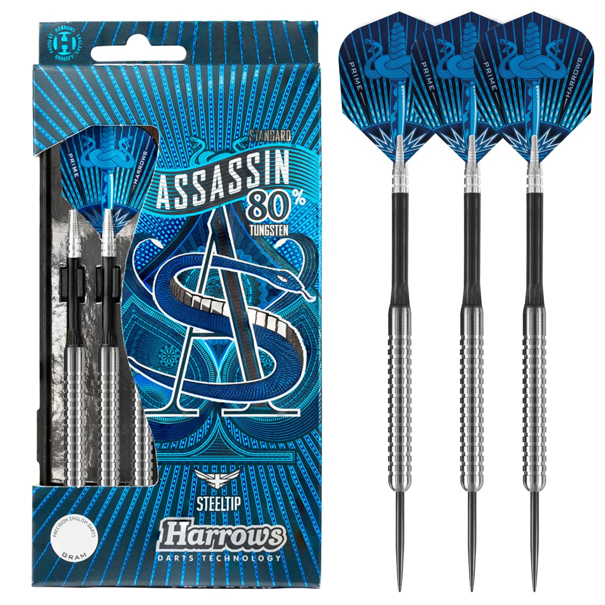 Harrows Assassin Tungsten Pro Darts | Steel Tip Darts set with carry case | All Weights| Includes Nylon Shafts, 100 Micron Prime Flights and Travel Case (20g)