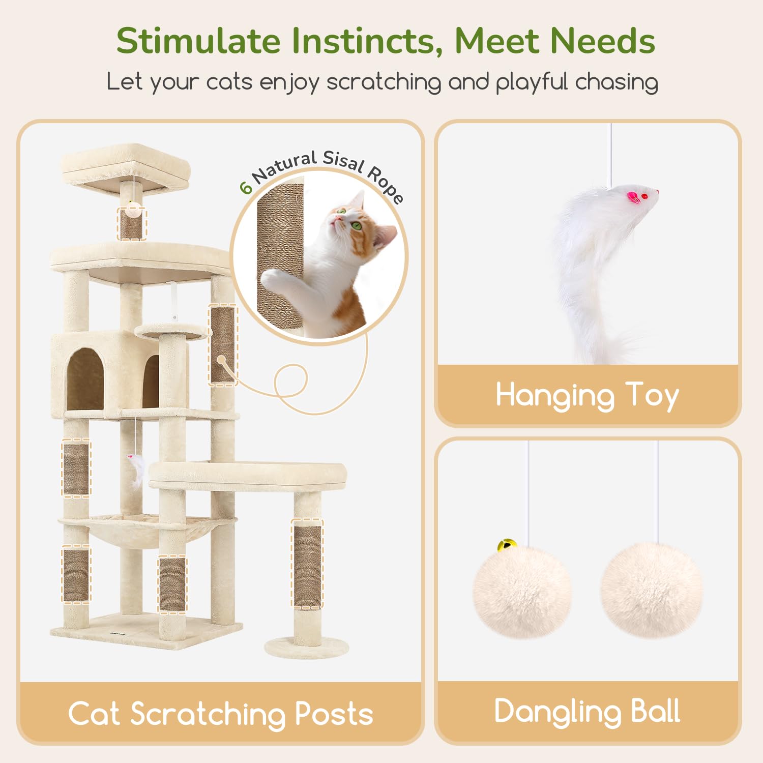 A cat actively scratching a sisal post, with hanging toys visible.