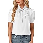 KIFOVEN Women's Business Bow Tie Knot Mock Neck Puff Short Sleeve Workwear Blouse Shirt Top