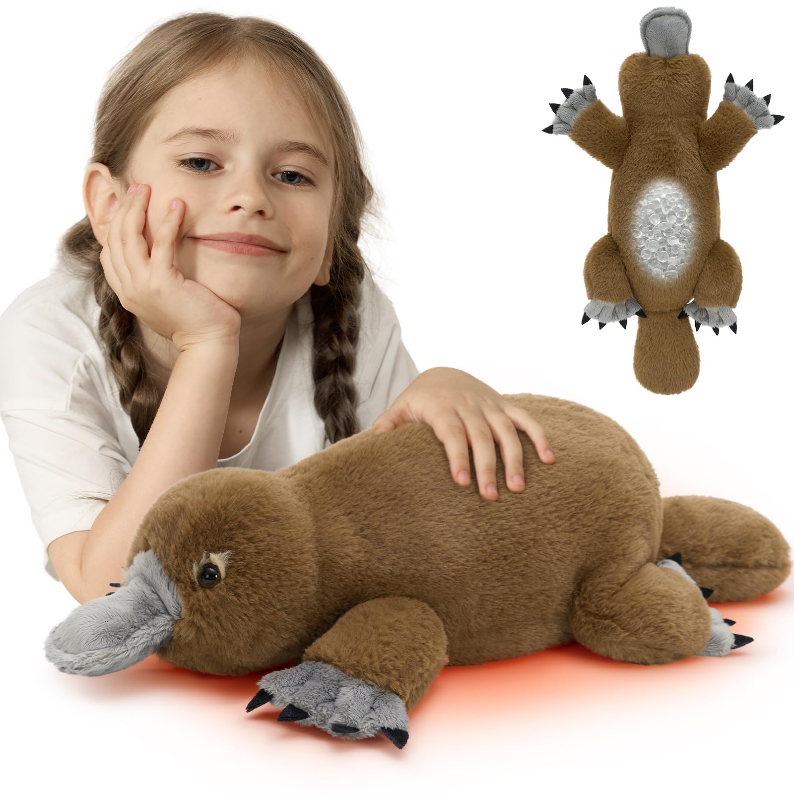 MorisMos Weighted Platypus Teddy Stuffed Animal, 1.55 lb Microwaveable Plush Toy, Soft & Huggable Cuddle Companion with Removable Unscented Heat Pad, for Kids, Teens, Adults, 50cm