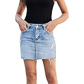 VIPONES Women Denim Skirt High Waist Raw Hem Stretch Ripped Casual Mini Jean Skirts