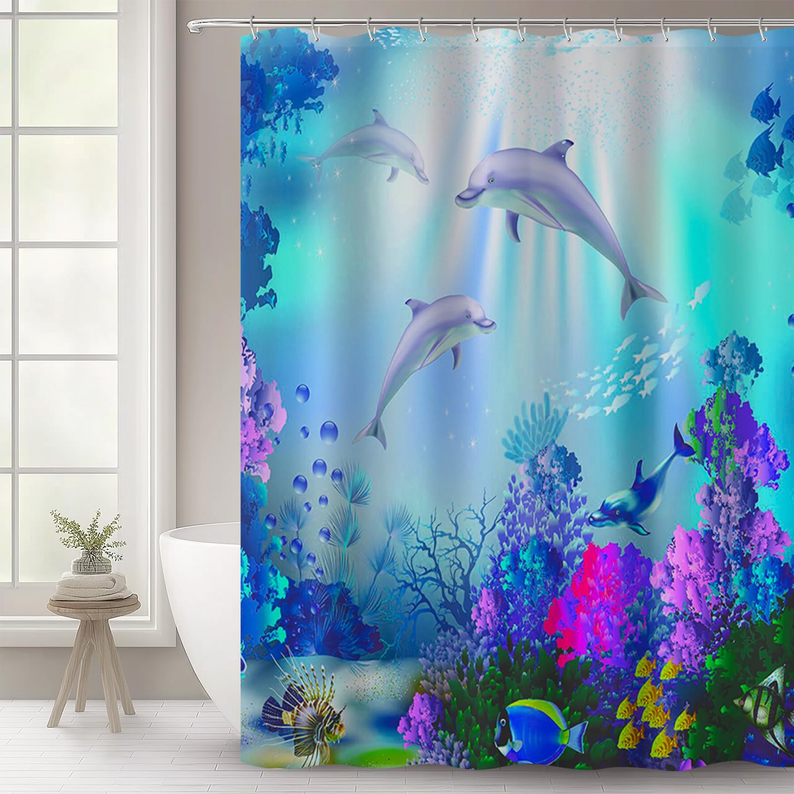 WOWTOY Shower Curtain with 12 Hooks, Waterproof Polyester Fabric Bathroom Bathtub Shower Curtain Liner, Weighted Hem, Washable, Quick Dry (180 x 180cm, Ocean 04)