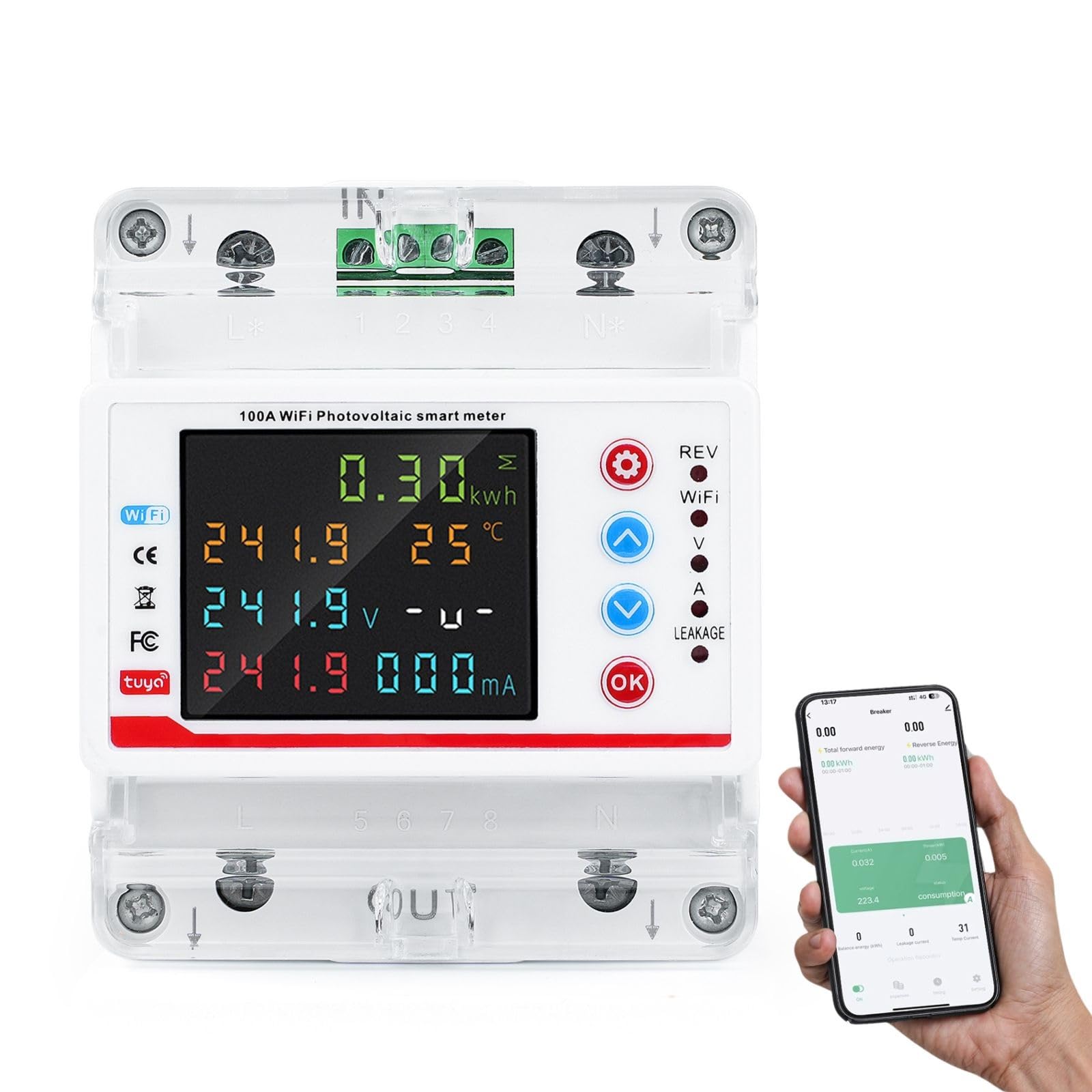 Jadeshay WiFi Smart Circuit Breaker, AC 80-300V 100A Tuya WiFi Smart Switch Bidirectional Electric Meter LCD Color Display for Photovoltaic and Home Grids with Leakage Over Under Voltage Protection