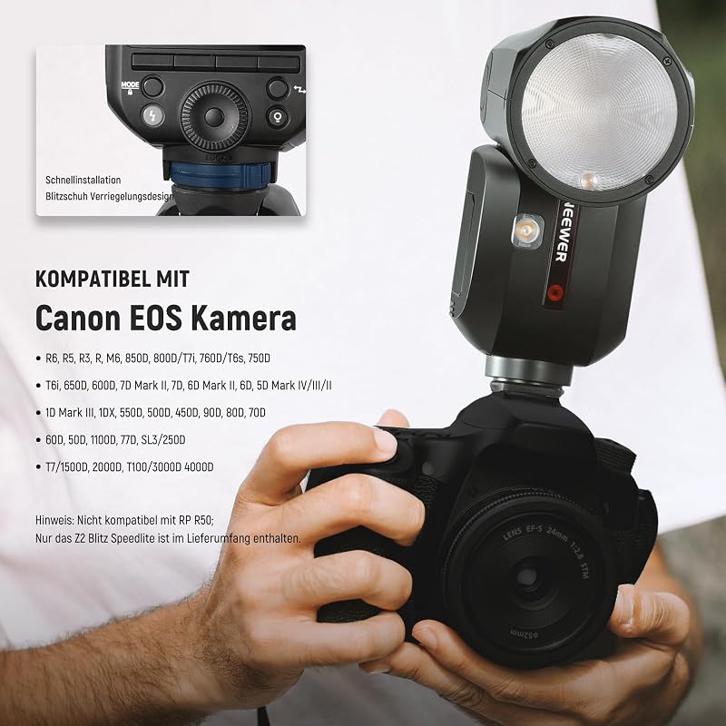 Z2-C 2,4G TTL Flash Rundkopf Blitzlicht Speedlite Kompatibel mit Canon, 76Ws 1/8000s HSS Blitz mit Upgraded UI, 2 Modellierlampen TTL/M Schnell TCM Schalter 7,2V/3000mAh Akku 600 Voller Blitz