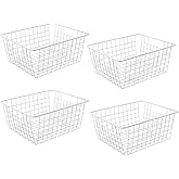 14" Upright Freezer Storage Baskets, White Wire Storage Bins Large Bakset for Freezer, Pantry, Bathroom Organizing, Set of 4