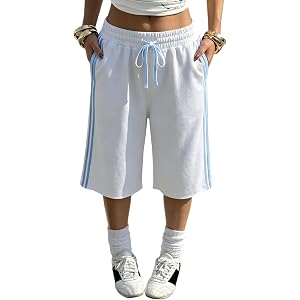 Faretumiya Women Baggy Capri Sweatpants Side Stripe Bermuda Shorts | Y2k Camouflage Knee Length Shorts Striped Drawstring Wai
