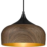 ELYONA Modern Pendant Light Walnut Wooden Pattern Dome Pendant Light Fixture Matte Black Metal Gold Inner Finish Adjustable H