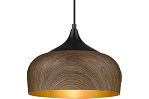 ELYONA Modern Pendant Light Walnut Wooden Pattern Dome Pendant Light Fixture Matte Black Metal Gold Inner Finish Adjustable Hanging Lighting for Kitchen Island Dining Room Office Hallway Foyer Bedroom