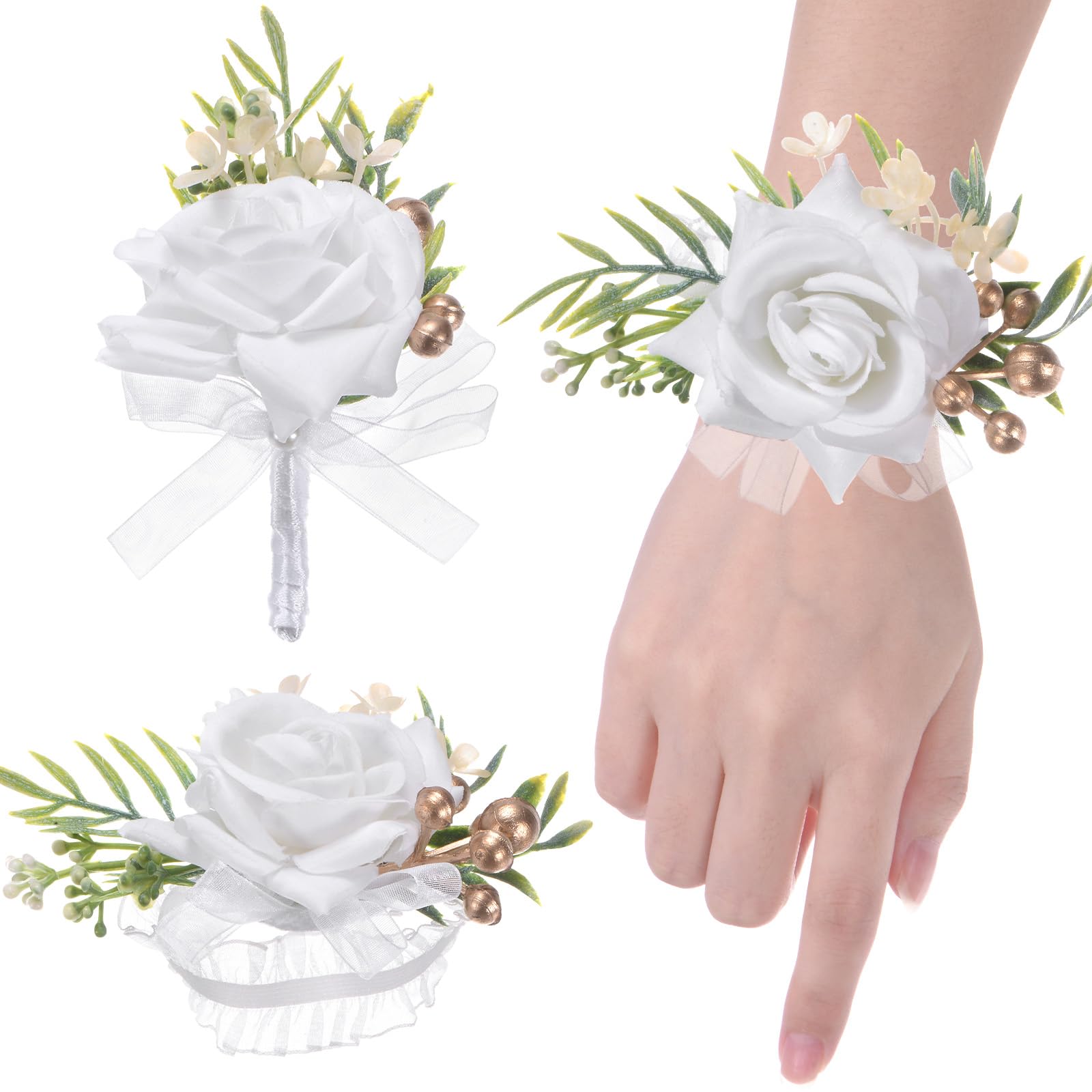 M METERXITY 1-Set Wrist Corsage and Boutonnieres Set, Artificial Rose Flower Wrist and Men Corsage for Wedding/Party/Prom/Decorations, Flower Wrist Corsage Set [White]