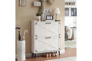 Barnyatoh Shoe Storage Cabinet,Farmhouse Shoe Organizer with 2 Flip Drawers & Barn Door Design,Freestanding Hidden Slim Narro