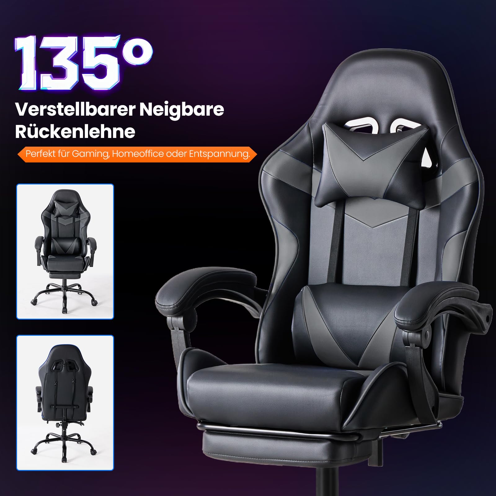 Sweetcrispy Gaming Stuhl, Gaming Chair mit Fußstütze Kopfstütze Lendenwirbelstütze, Ergonomischer PC Stuhl, Höhenverstellbarer Bürostuhl Computerstuhl,Drehbarer Schreibtischstuhl, Modernes Grau 2