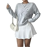 RoseSeek Women's 3D Floral Appliques Crewneck Sweaters Long Sleeve Drop Shoulder Pullovers Elegant Knit Tops