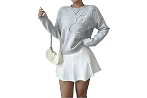 RoseSeek Women's 3D Floral Appliques Crewneck Sweaters Long Sleeve Drop Shoulder Pullovers Elegant Knit Tops