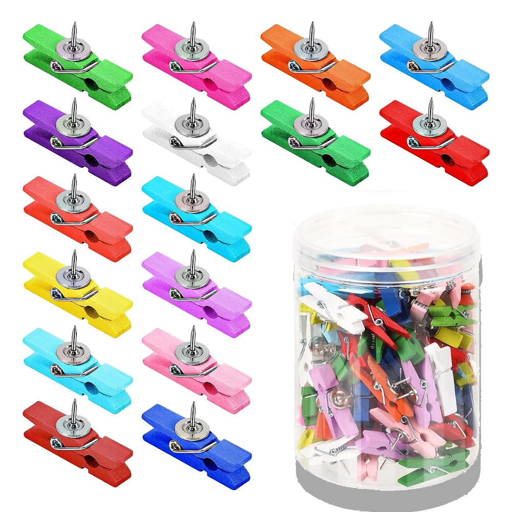 KOMUNJ 50 Pcs Wooden Clip Thumbtack Push Pins With Wooden Clips for Wall Cork Boards, Paper Notes, Photos, Projects, Decorative Crafts and Drawing (50-MIX)
