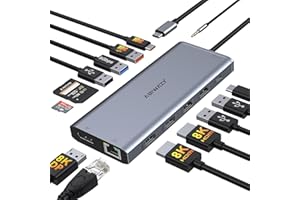 ABIWAZY USB C Docking Station Dual Monitor for Dell/HP/Lenovo Laptop, Triple 4K Display Single 8K@30Hz/4K@120Hz,14 in 1 USB C Hub Multiple Adapter with 2 HDMI+DP+USB3.1+6 USB+RJ45+PD+SD/TF+Audio for iPhone 15